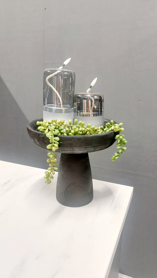 woondecoratie set houten plateau met led olielampjes in een mooie grey glass tint. met daarbij een groen kunsttakje