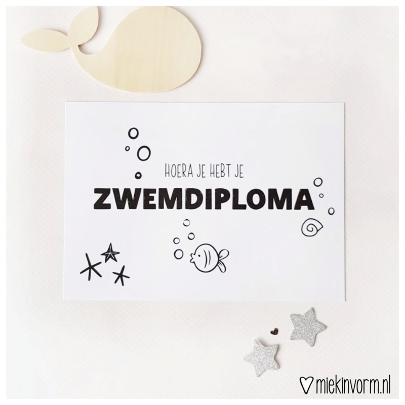 Kaart Hoera je hebt je zwemdiploma | Miekinvorm - woongeluk4you