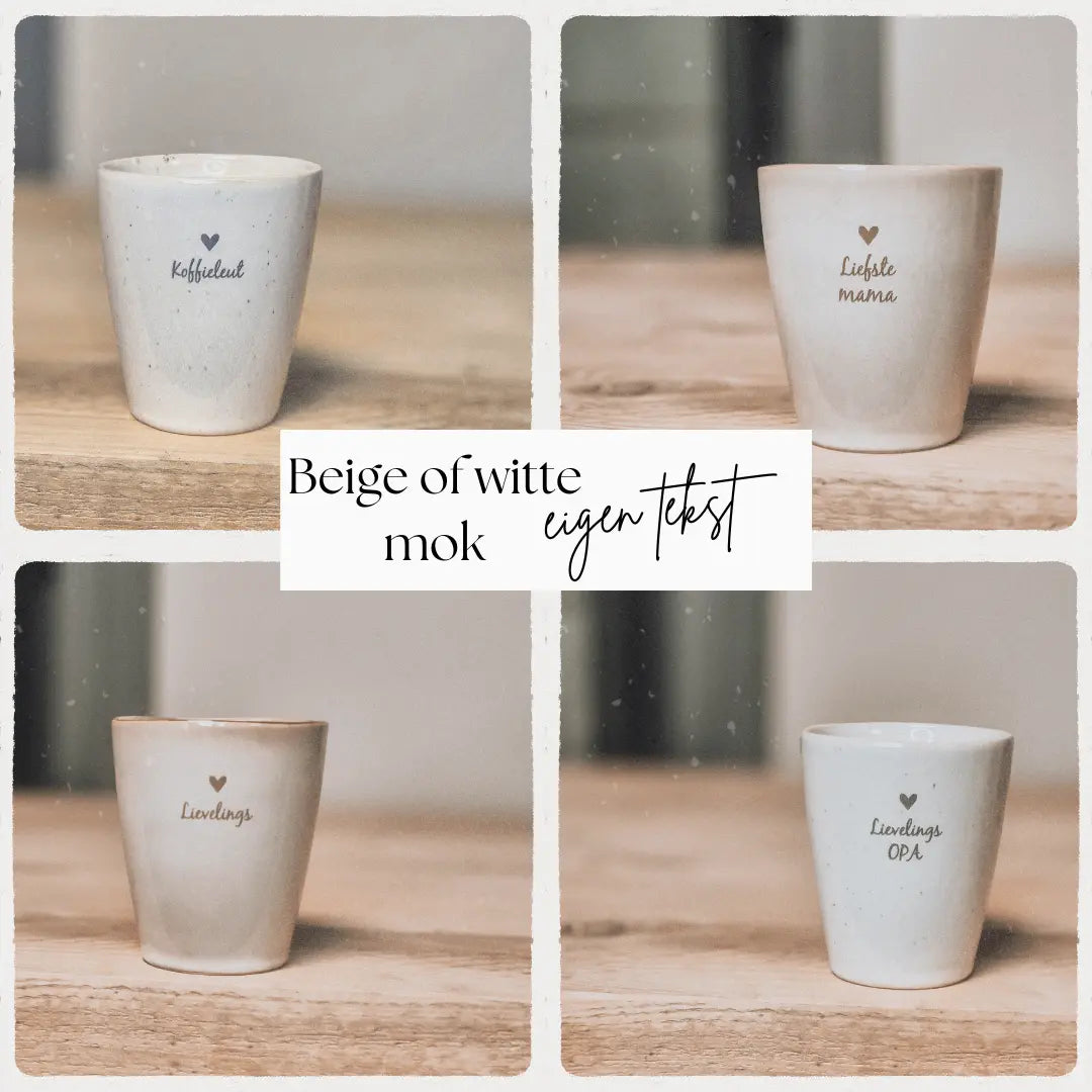 Beige mokken met naam of tekst – een persoonlijk cadeau dat elke dag gebruikt wordt. Perfect voor koffie, thee en een glimlach in de ochtend.
