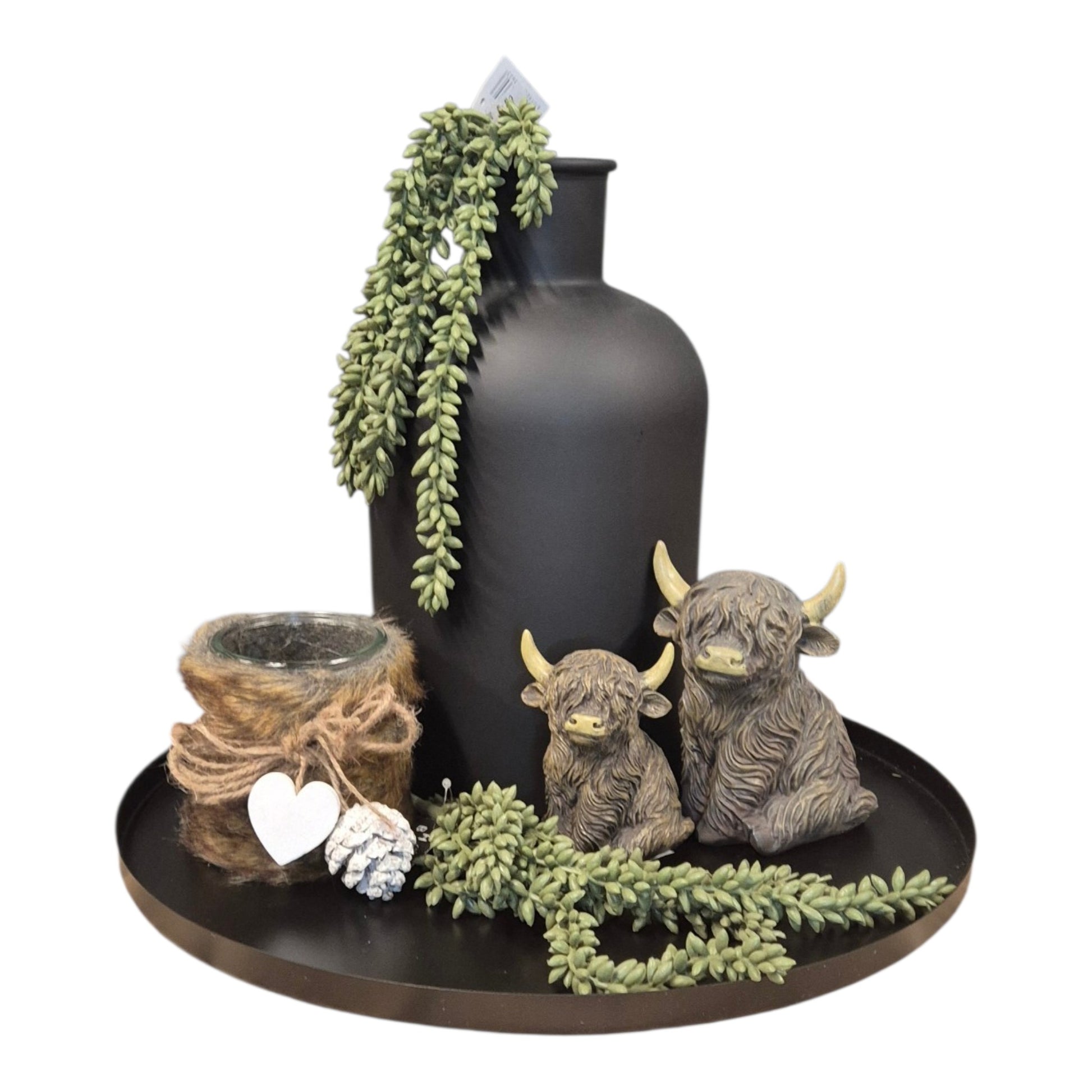 Complete Woondecoratie Set Schotse Hooglander – Zwart Dienblad & Vaas