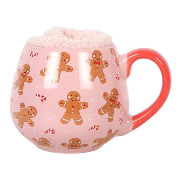 Kerstcadeau mok gingerbread met warme roze sokken 