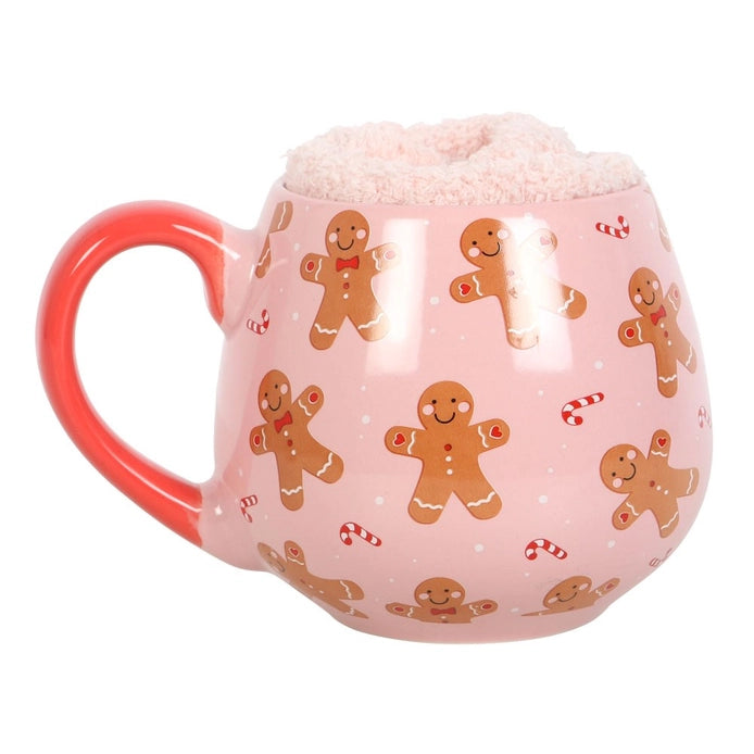 Kerstcadeau mok gingerbread met warme roze sokken 