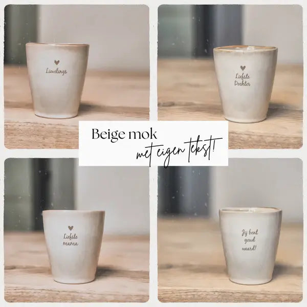 Gepersonaliseerde mok collectie met eigen tekst en kleur keuze ontwerp zelf cadeau