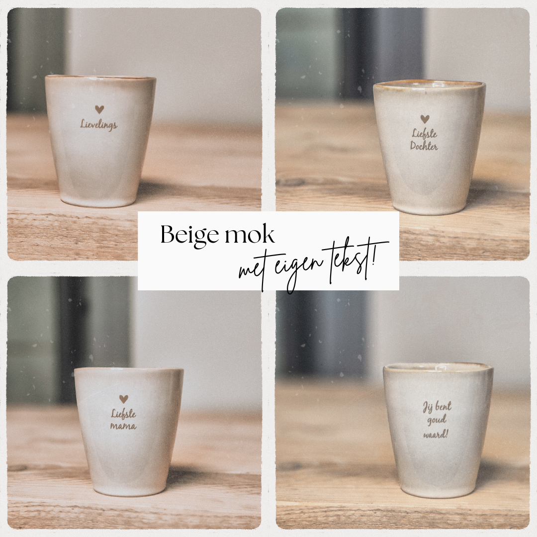 Gegraveerd beige mokje met eigen tekst!