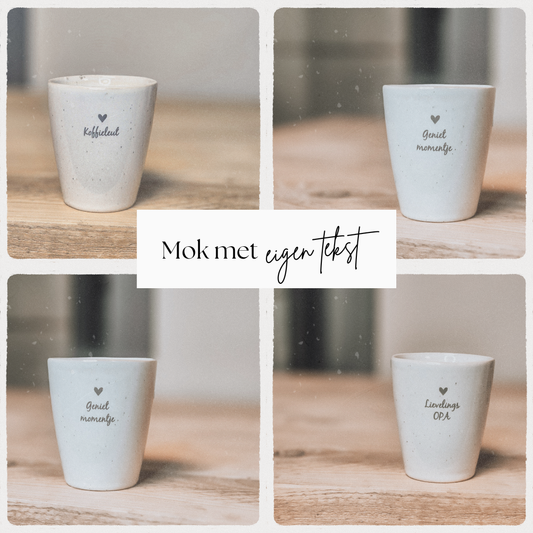 Gegraveerd wit mokje met eigen tekst!