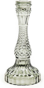 Luxe grijze glazen kandelaar van HouseVitamin (10x21 cm) met kristallook. Perfect voor dinerkaarsen en sfeervolle tafeldecoratie. Bestel nu online!