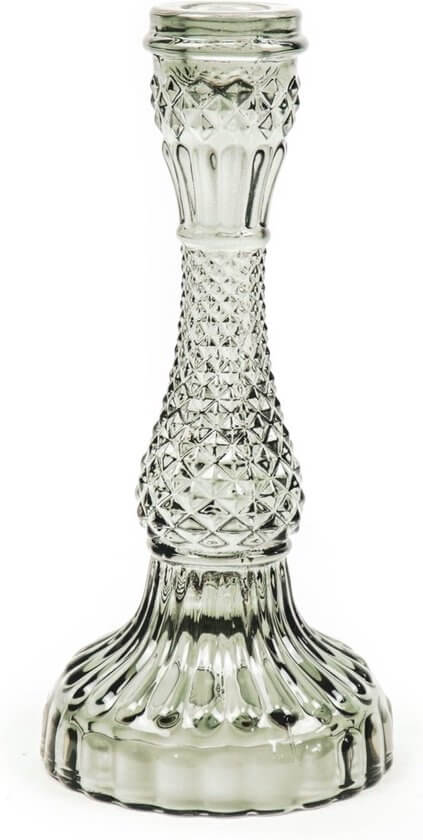 Luxe grijze glazen kandelaar van HouseVitamin (10x21 cm) met kristallook. Perfect voor dinerkaarsen en sfeervolle tafeldecoratie. Bestel nu online!