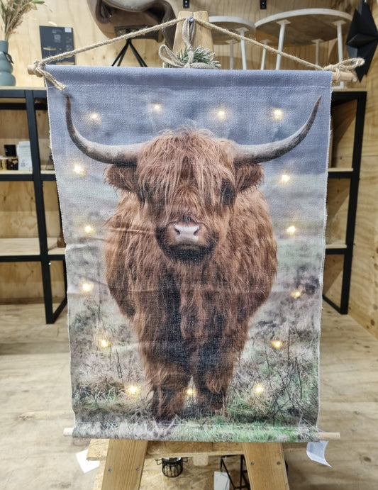 Wandkleed schotse hooglander met verlichting 40x60cm| Kerst op=op - woongeluk4you
