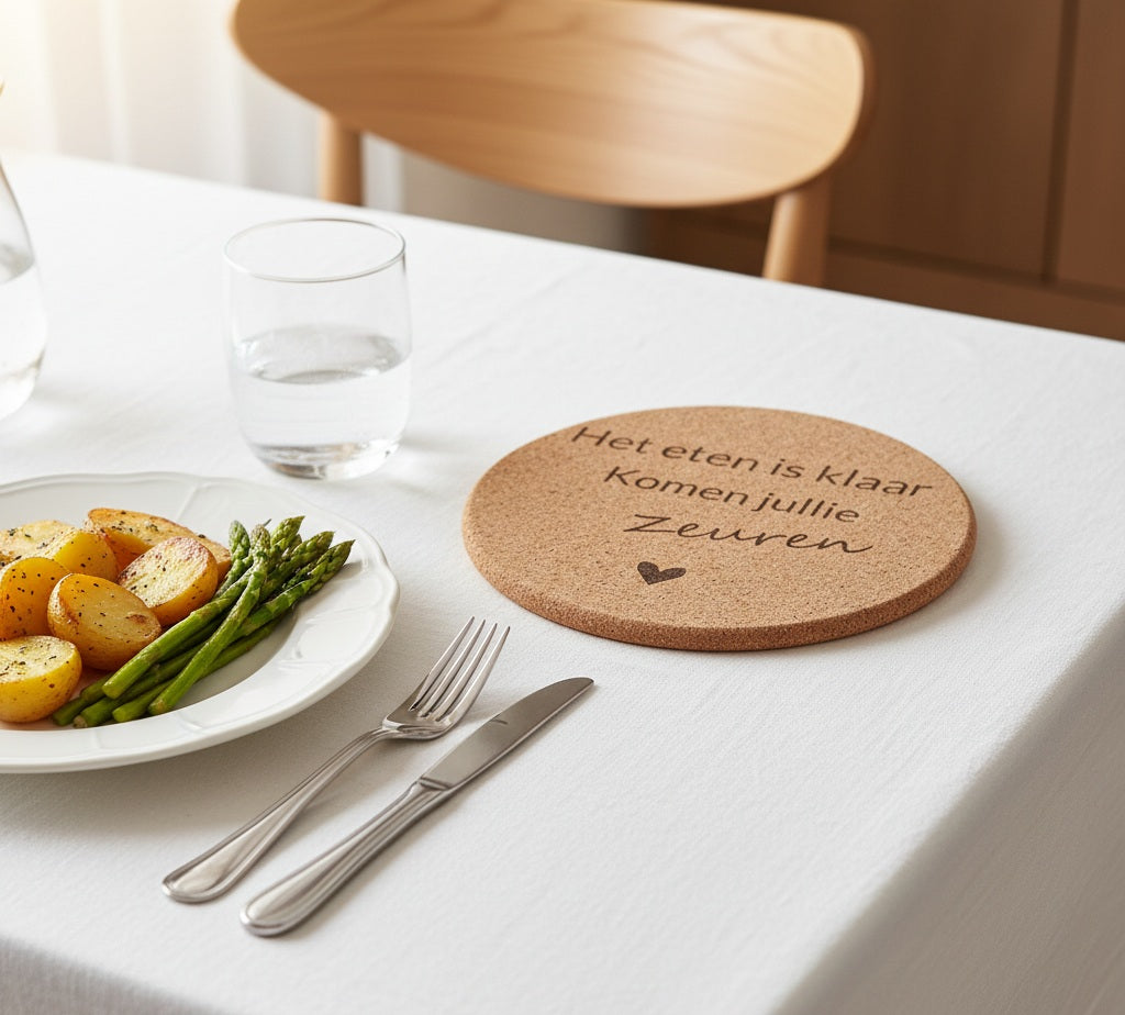 gedekte tafel met een kurk pan onderzetter met tekst het eten is klaar komen jullie zeuren