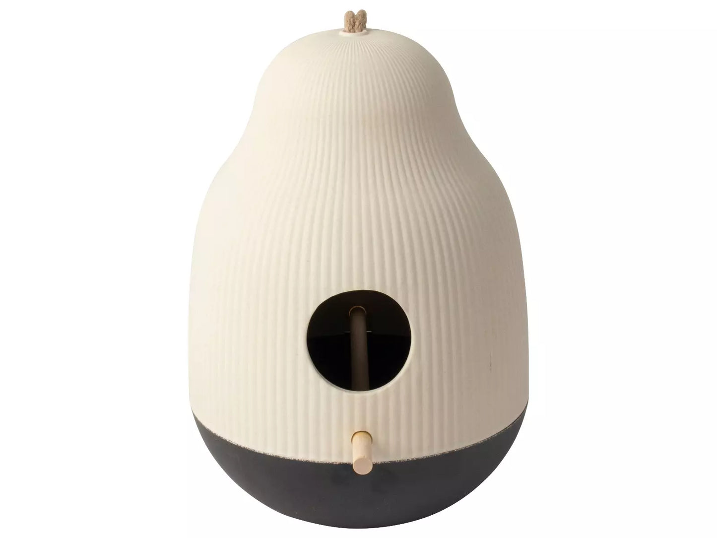 Duurzaam GUSTA vogelvoederhuisje van bamboefiber in zwart-witte kleur, geschikt voor tuin en balkon.