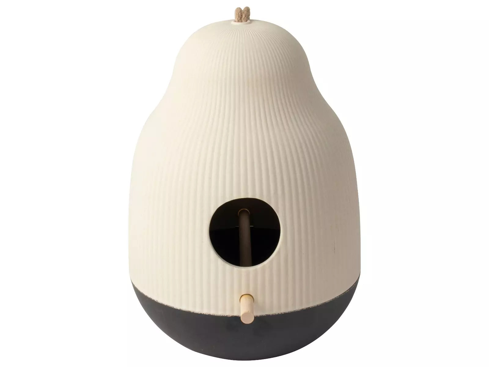 Duurzaam GUSTA vogelvoederhuisje van bamboefiber in zwart-witte kleur, geschikt voor tuin en balkon.